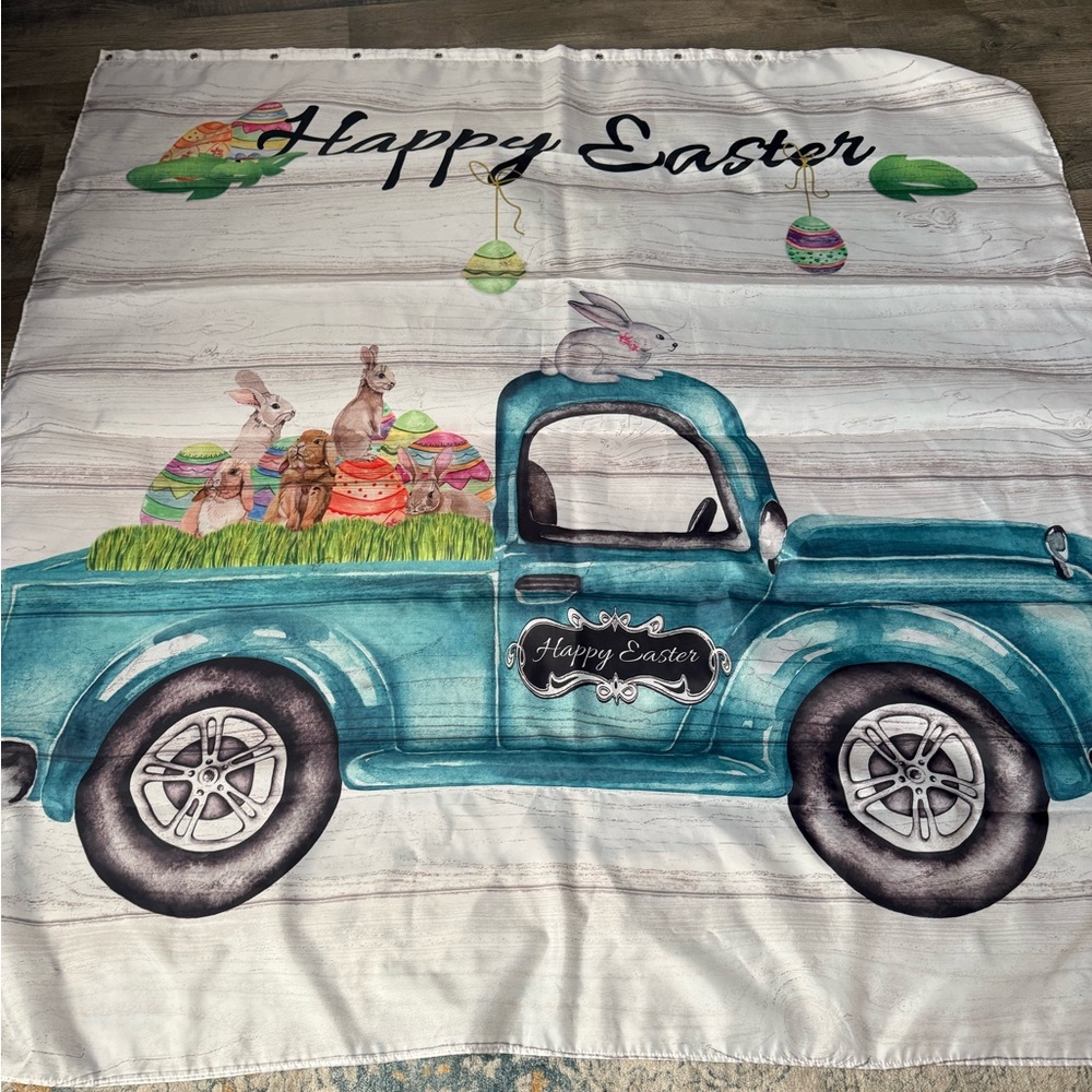 Easter with Blue Truck and Bunny Design shower curtain backdrop